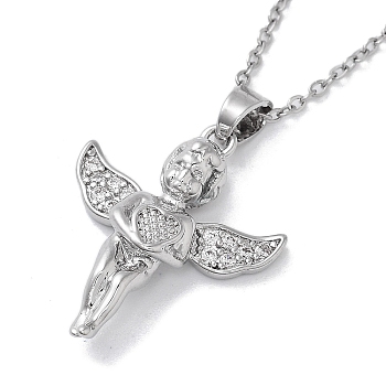 201 Stainless Steel Cable Chain Necklaces, Brass Clear Cubic Zirconia Angel Pendant Necklaces, Stainless Steel Color, 15.91 inch(40.4cm)