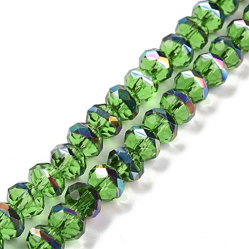Transparent Electroplate Glass Beads Strands, Faceted, Rondelle, Half Rainbow Plated, Lime Green, 7.5~8x6.5~7mm, Hole: 1.4mm, about 65pcs/strand, 16.77 inch(42.6cm)
