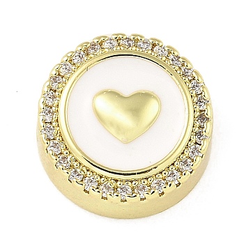 Rack Plating Brass Micro Pave Cubic Zirconia Bead, with Enamel, Long-Lasting Plated, Lead Free & Cadmium Free, Flat Round with Heart, Real 18K Gold Plated, 12.5x5.5mm, Hole: 1.8mm