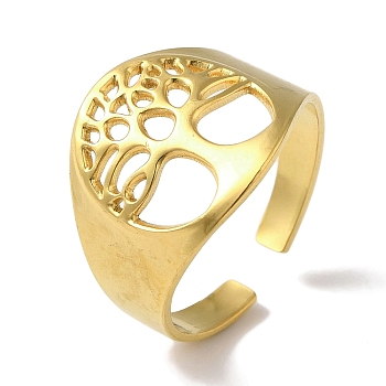 PVD Vacuum Plating 201 Stainless Steel Tree of Life Wide Open Cuff Rings for Unisex, Real 18K Gold Plated, 15mm, Adjustable