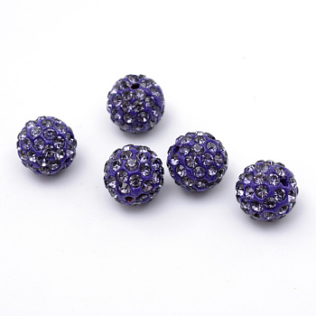 Polymer Clay Pave Rhinestone Beads, Disco Ball Beads, Tanzanite, PP13(1.9~2mm), 6 Rows Rhinestone, 10mm, Hole: 1.5mm