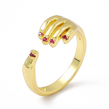 Cubic Zirconia Hand Plam Open Cuff Ring, Golden Brass Jewelry for Women, Deep Pink, US Size 6 3/4(17.1mm)