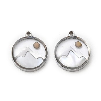 304 Stainless Steel & Natural Shell & Mustard Seed Pendants, Flat Round & Mountation Charm, Stainless Steel Color, 14x12x3mm, Hole: 1.2mm