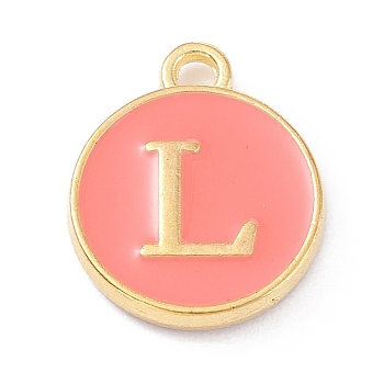Golden Plated Alloy Enamel Charms, Enamelled Sequins, Flat Round with Alphabet, Letter.L, Hot Pink, 14x12x2mm, Hole: 1.5mm