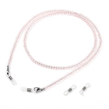 Eyeglasses Chains, Neck Strap for Eyeglasses, with Glass Beads, 304 Stainless Steel Lobster Claw Clasps, Brass Beads and Rubber Loop Ends, Pink, 27.95 inch(71cm)