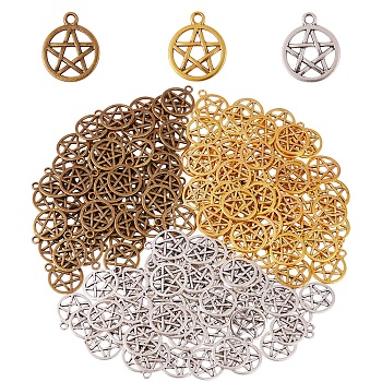 150Pcs 3 Colors Tibetan Style Alloy Wicca Charms, Pentacle, Cadmium Free & Lead Free, Flat Round with Star, Mixed Color, 16x2mm, Hole: 3mm