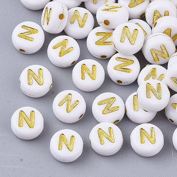 Plating Acrylic Beads, Golden Metal Enlaced, Horizontal Hole, Flat Round with Alphabet, White, Letter.N, 7x3.5mm, Hole: 1.2mm, about 360pcs/50g