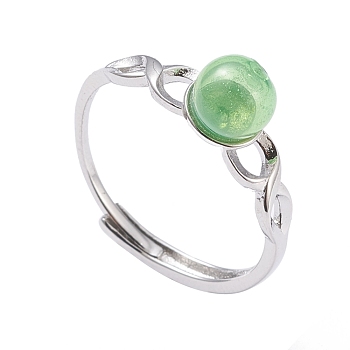 Adjustable Brass Finger Rings, with Lampwork Beads, Round, Platinum, Light Green, Size 6, Inner Diameter: 17mm