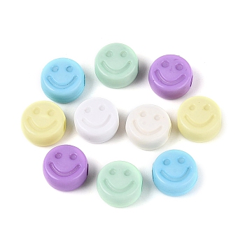 Opaque Acrylic Beads, Flat Round with Smiling Face, Mixed Color, 9.5x5mm, Hole: 2mm, about 1470pcs/500g