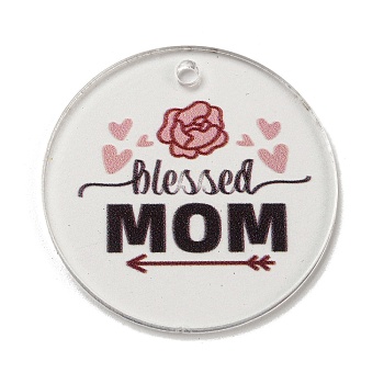 Mother's Day Opaque Acrylic Pendants, Flat Round with Word, Coconut Brown, 45x3mm, Hole: 3.5mm