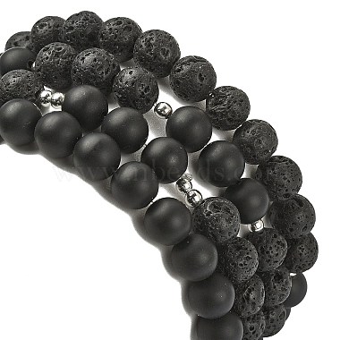 4шт. 4 комплект эластичных браслетов в стиле натурального лавового камня и черного агата и гематита из бисера(BJEW-JB09508)-3