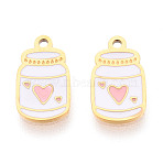 304 Stainless Steel Enamel Charms, Ion Plating(IP), Bottle with Heart Charm, Real 14K Gold Plated, Pink, 12x6.9x0.9mm, Hole: 1mm(STAS-T065-64G-01)