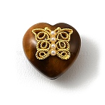 Natural Tiger Eye Beads, Heart, with Brass and Plastic Imitation Pearl Findings, Real 18K Gold Plated, 15x14x11mm, Hole: 1.2mm(KK-D262-02G)