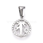 303 Stainless Steel Pendants, Flat Round with Coconut Tree Charms, Stainless Steel Color, 14.5x12.5x1.5mm, Hole: 6.5x2.5mm(STAS-Q110-12P)
