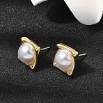 Brass Stud Earring, Rectangle, with ABS Plastic Pearl, Long-Lasting Plated, Rack Plating, Lead Free & Cadmium Free, Real 18K Gold Plated, 11.5x11.5mm(EJEW-H180-02G)