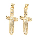 Brass Micro Pave Clear Cubic Zirconia Pendants, Sword Charms, Long-Lasting Plated, Rack Plating, Lead Free & Cadmium Free, Real 18K Gold Plated, 37x15.5x3mm, Hole: 4x3mm(KK-C170-19G)