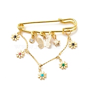 Butterfly & Star & Flower Charm Brass Brooch Pin, Hanging Chain Safety Pin for Sweater Shawl, Golden, 61x49x6mm, Pin: 1.5mm(JEWB-BR00060)
