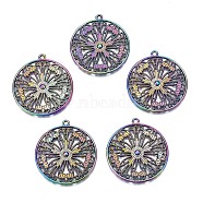 Rainbow Color Alloy Pendants, Cadmium Free & Nickel Free & Lead Free, Flat Round with Flower, 33x30.5x2.5mm, Hole: 1.5mm(PALLOY-N156-153-NR)