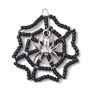 Handmade Seed Beads Charms, with Alloy Spider Pendants, Loom Pattern, Spider Web, Black, 39x34.5x3mm, Hole: 4x3mm(PALLOY-MZ00203)