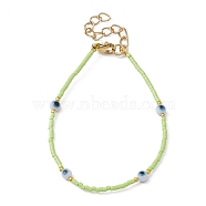 Evil Eye Lampwork & Glass Seed Beaded Bracelet with Real 18K Gold Plated 304 Stainless Steel Clasps, Light Green, 6-3/4 inch(17.2cm)(BJEW-JB09998-03)
