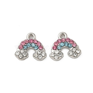 304 Stainless Steel Charms, with Rhinestone,  Rainbow Charm, Stainless Steel Color, 9x10x2mm, Hole: 1mm(STAS-L022-455P)