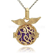 Golden Tone Brass Hollow Round Cage Pendants, with No Hole Spray Painted Brass Ball Beads, Blue Violet, 26x26x19mm, Hole: 3x8mm(KK-J230-03G)