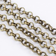 Iron Rolo Chains, Round, Belcher Chain, with Spool, Unwelded, Lead Free & Nickel Free, Antique Bronze, 3x1mm(CH-S068-AB-FF)