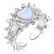 Rhodium Plated 925 Sterling Silver Heart Open Cuff Ring, Natural Shell Chunky Ring with Clear Cubic Zirconia for Women, Platinum, US Size 6 1/2(16.9mm)(JR894A)