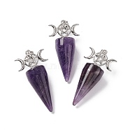 Natural Amethyst Pendants, Cone Charms, with Platinum Tone Brass Triple Moon with Star Findings, Cadmium Free & Nickel Free & Lead Free, 47~50x23x14.5~15mm, Hole: 7.5x5mm(G-P484-02P-03)