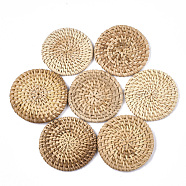 Handmade Reed Cane/Rattan Woven Beads, For Making Straw Earrings and Necklaces, No Hole/Undrilled, Flat Round, BurlyWood, 59~66x6~7mm(WOVE-T006-032C)