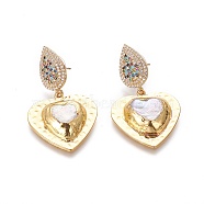 Natural Pearl Dangle Stud Earrings, with Brass Micro Pave Cubic Zirconia Findings and Plastic Ear Nuts, Heart, Golden, 47mm, Pin: 0.8mm(EJEW-F218-09G)