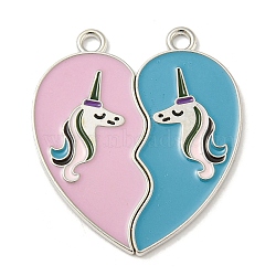 Alloy Enamel Split Pendants, Cadmium Free & Lead Free, Platinum, Heart, Unicorn, 34.5x30.5x1.2mm, Hole: 2.5mm(FIND-Z026-03A)