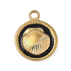 304 Stainless Steel Enamel Pendants, Flat Round with Shell Charm, Golden, Black, 18.5x15x3.5mm, Hole: 2.5mm(STAS-P408-13G-02)