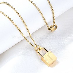 304 Stainless Steel Rolo Chain Pendant Necklaces, Padlock Necklaces for Women Men, Locks with Letter, Letter I, 17.64 inch(44.8cm)(NJEW-S444-01G-09)