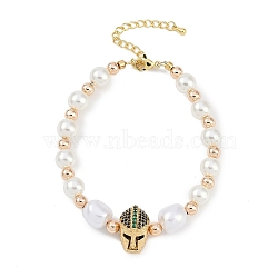 Rack Plating Brass Micro Pave Cubic Zirconia Charm Bracelets, with ABS Imitation Pearl Beads, Cadmium Free & Lead Free, Long-Lasting Plated, Real 18K Gold Plated, Skull, Fern Green, 7-1/4 inch(18.5cm)(BJEW-P341-13G-01)