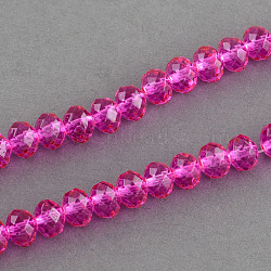 Spray Painted Glass Bead Strands, Faceted, Rondelle, Hot Pink, 6x5mm, Hole: 1mm, about 87~90pcs/strand, 18.8 inch(DGLA-R030-6mm-06)