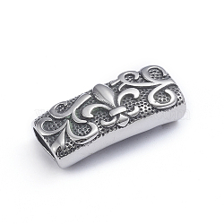 Retro 304 Stainless Steel Slide Charms/Slider Beads, for Leather Cord Bracelets Making, Rectangle with Fleur De Lis, Antique Silver, 11x27x7mm, Hole: 4.5x8mm(STAS-L243-005AS)