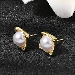Brass Stud Earring, Rectangle, with ABS Plastic Pearl, Long-Lasting Plated, Rack Plating, Lead Free & Cadmium Free, Real 18K Gold Plated, 11.5x11.5mm(EJEW-H180-02G)