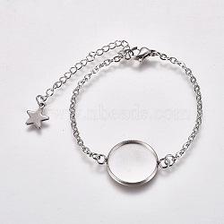 Tarnish Resistant 304 Stainless Steel Bracelet Making, with Lobster Claw Clasps, Cable Chains and Flat Round Cabochon Settings, Stainless Steel Color, Tray: 12mm, 5-1/2 inch(14cm)(X-STAS-L248-006P-B)