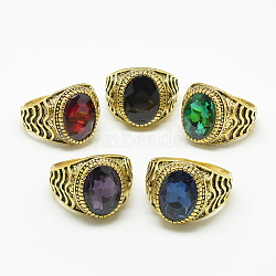 Glass Wide Band Finger Rings, with Alloy Ring Findings, Faceted, Oval, Antique Golden, Size 7~11, Mixed Color, 17~21mm(RJEW-T003-22F)