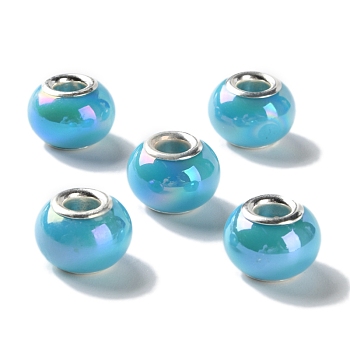 Opaque Brass Cores Acrylic European Beads, Round, Large Hole Bead, Silver, Deep Sky Blue, 14x10mm, Hole: 5mm