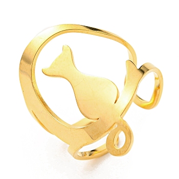 304 Stainless Steel Open Cuff Ring, Moon with Cat, Golden, Inner Diameter: 17mm