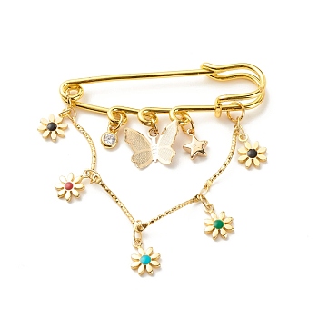 Butterfly & Star & Flower Charm Brass Brooch Pin, Hanging Chain Safety Pin for Sweater Shawl, Golden, 61x49x6mm, Pin: 1.5mm