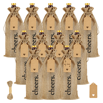 12Pcs Rectangle Jute Cheers Wine Drawstring Storage Bags, with 12Pcs Blank Kraft Paper Gift Tags and 1 Bundle Jute Cord, BurlyWood, Bag: 15~16x35~36x0.1cm