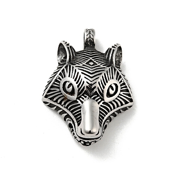 304 Stainless Steel Pendants, Wolf, Antique Silver, 43x32x15mm, Hole: 5mm