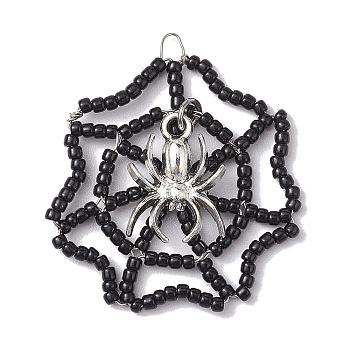 Handmade Seed Beads Charms, with Alloy Spider Pendants, Loom Pattern, Spider Web, Black, 39x34.5x3mm, Hole: 4x3mm