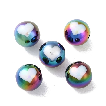 UV Plating Rainbow Iridescent Acrylic Beads, Two Tone, Round, Heart, 11.5mm, Hole: 2mm