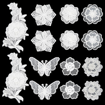 14Pcs 7 Style Lace Embroidery Sewing Fiber Ornaments, DIY Garment Accessories, Butterfly & Flower, White, 60~100x60~108mm, 2pcs/style