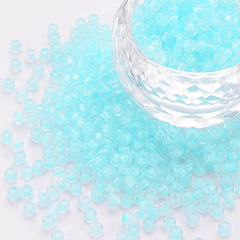 8/0 Transparent Glass Seed Beads, Round Hole, Frosted Inside Colours, Round, Light Blue, 3~4x2~3mm, Hole: 0.8mm, about 15000pcs/Pound