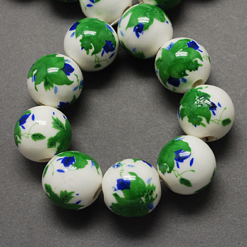 Handmade Printed Porcelain Beads, Round, Lime Green, 12mm, Hole: 2mm
